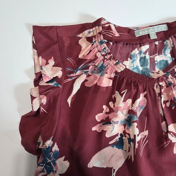 Daniel Rainn Blouse Women XS Burgundy Floral 100% Silk Ruffle Sleeve Whimsygoth - Picture 6 of 9